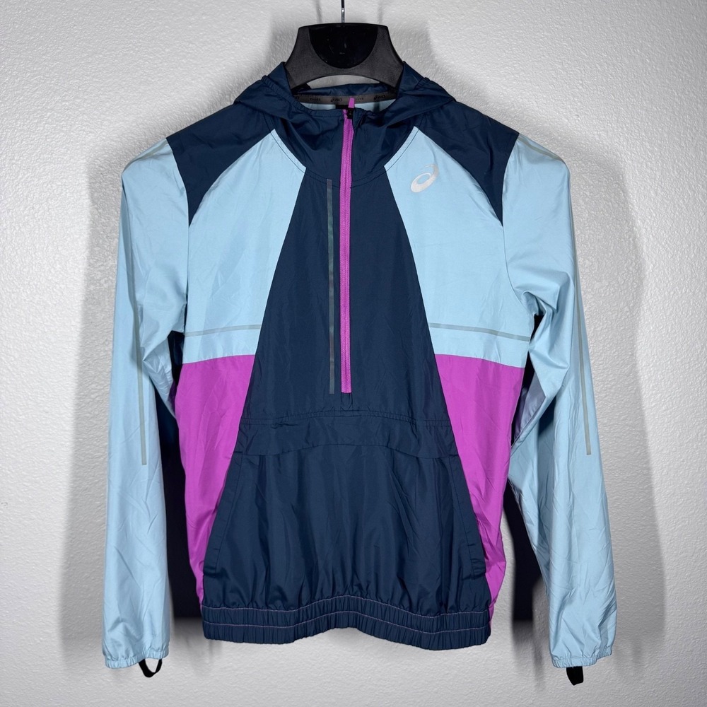 Asics Women S Half Zip Hooded Packable Reflective Windbreaker Blue Pink 2012B906